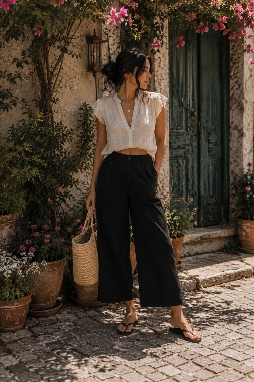 Anthropologie Maeve Colette Black Linen Blend Cropped Wide-Leg Pants Size 32